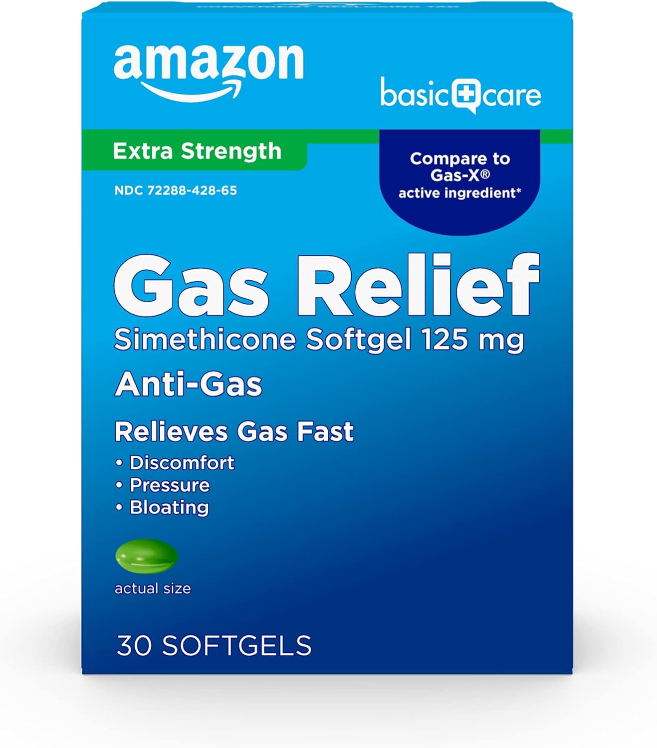 Amazon Basic Care Gas Relief Softgels, Simethicone 125 Mg, Extra Strength Antigas, 30 Count