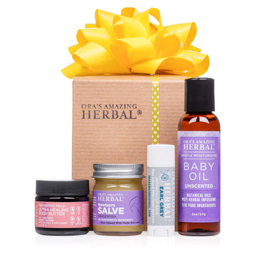 New Mom and Baby Natural Skincare Set, Natural Baby Oil, Newborn Salve, Peppermint Field Ultra Healing Body Butter for Mama's Belly, and Soothing Earl Grey Lip Balm, Ora’s Amazing Herbal