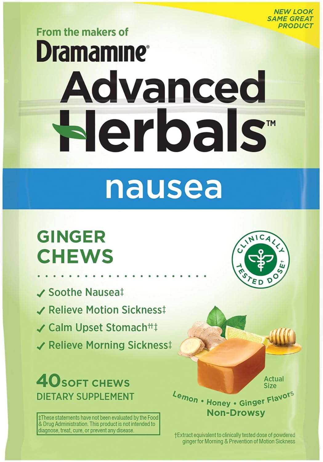 From The Makers Of Dramamine, Advanced Herbals, Ginger Chews, Nausea Relief Soft Chews Lemon-Honey-Ginger, 40 Count