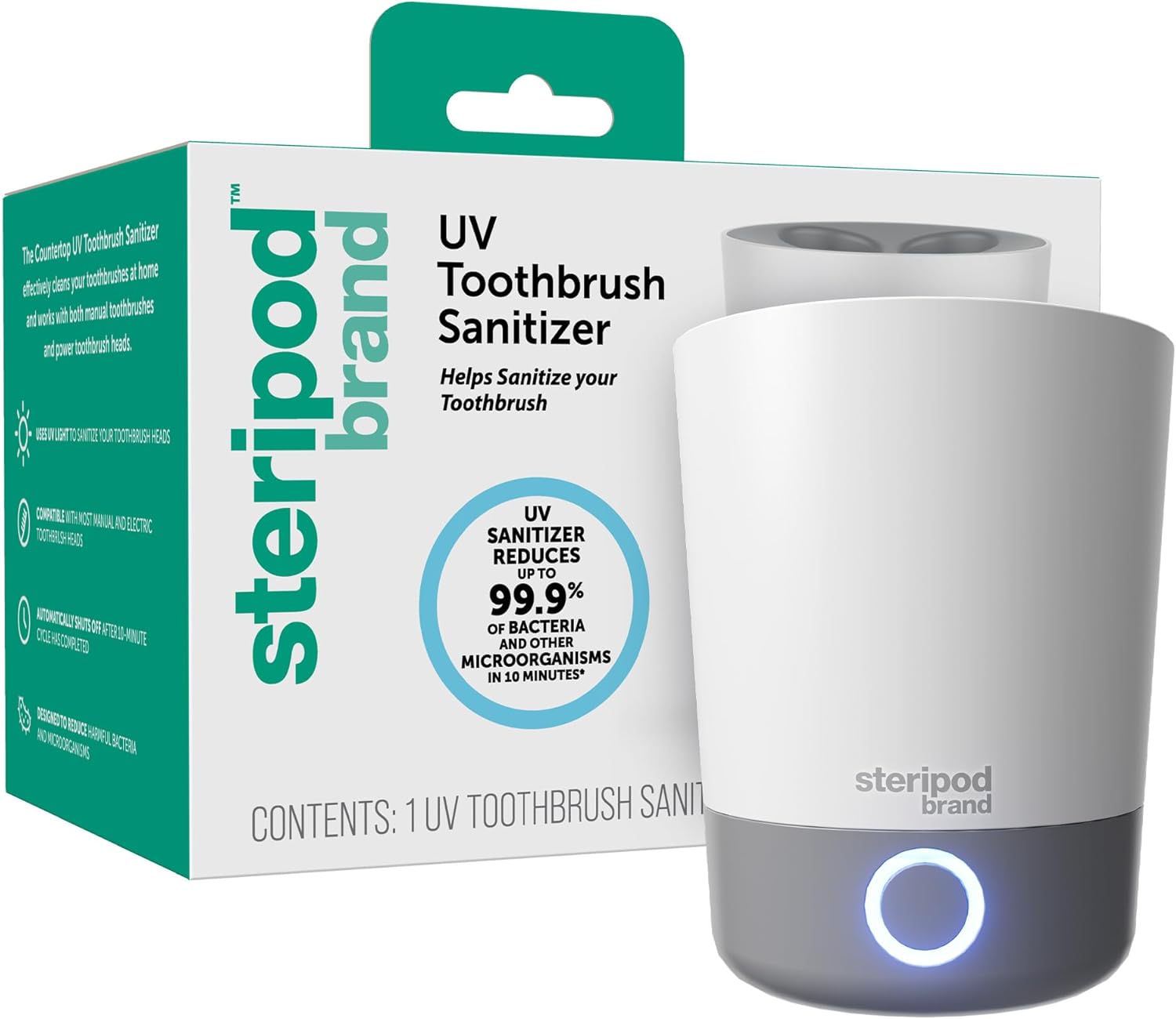Steripod Brand Uv Home Countertop Toothbrush Sanitizer, Reduces Harmful Microorganisms, Toothbrush Holder And Cleaning Station, Holds Four Toothbrushes