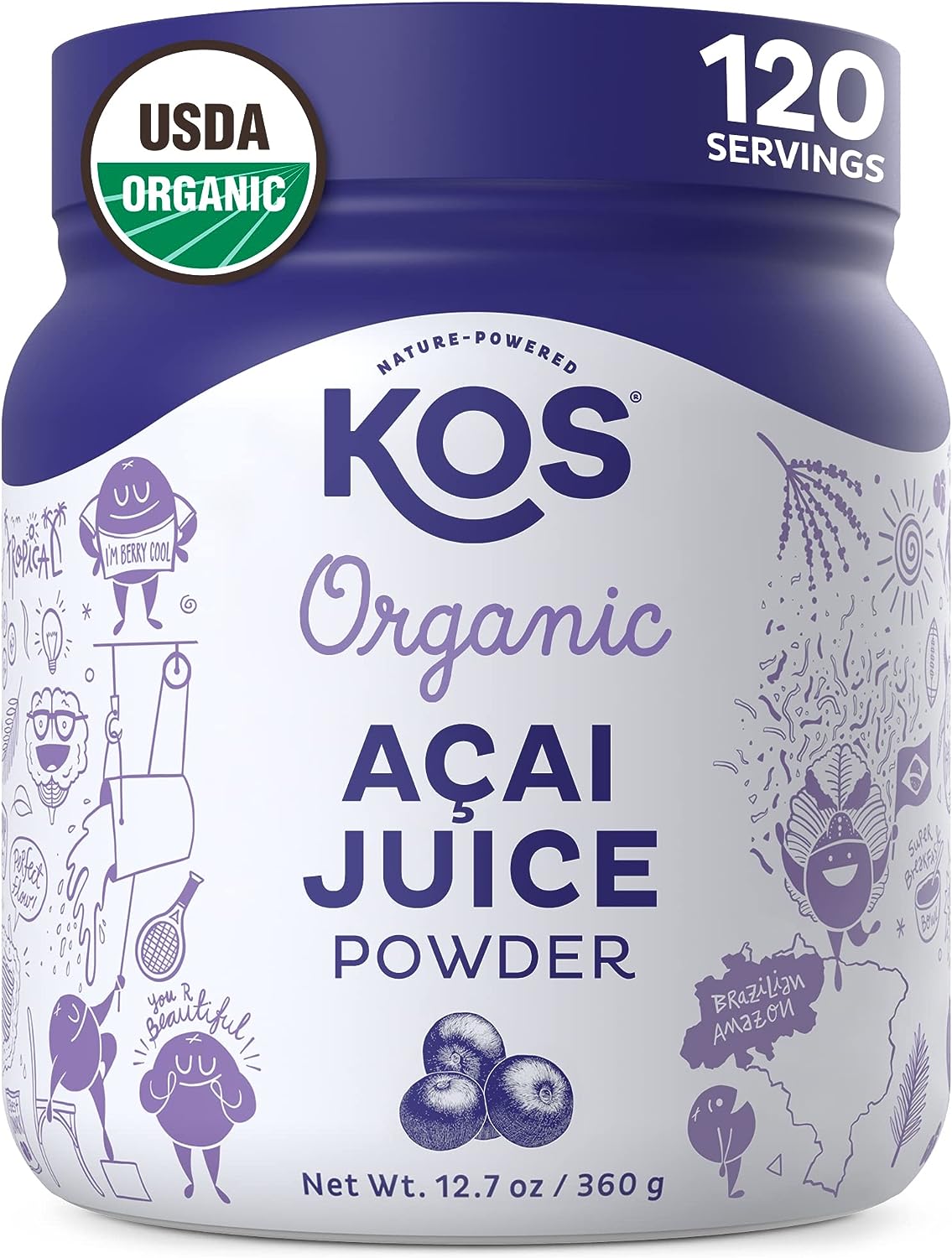 KOS Organic Acai Powder, Unsweetened Superfood - Natural Antioxidant Powder from Acai Berry, Great for Smoothies and Bowls - Polyphenol Abundant, USDA, Gluten-Free, Non-GMO - 12.7 oz, 120 Servings