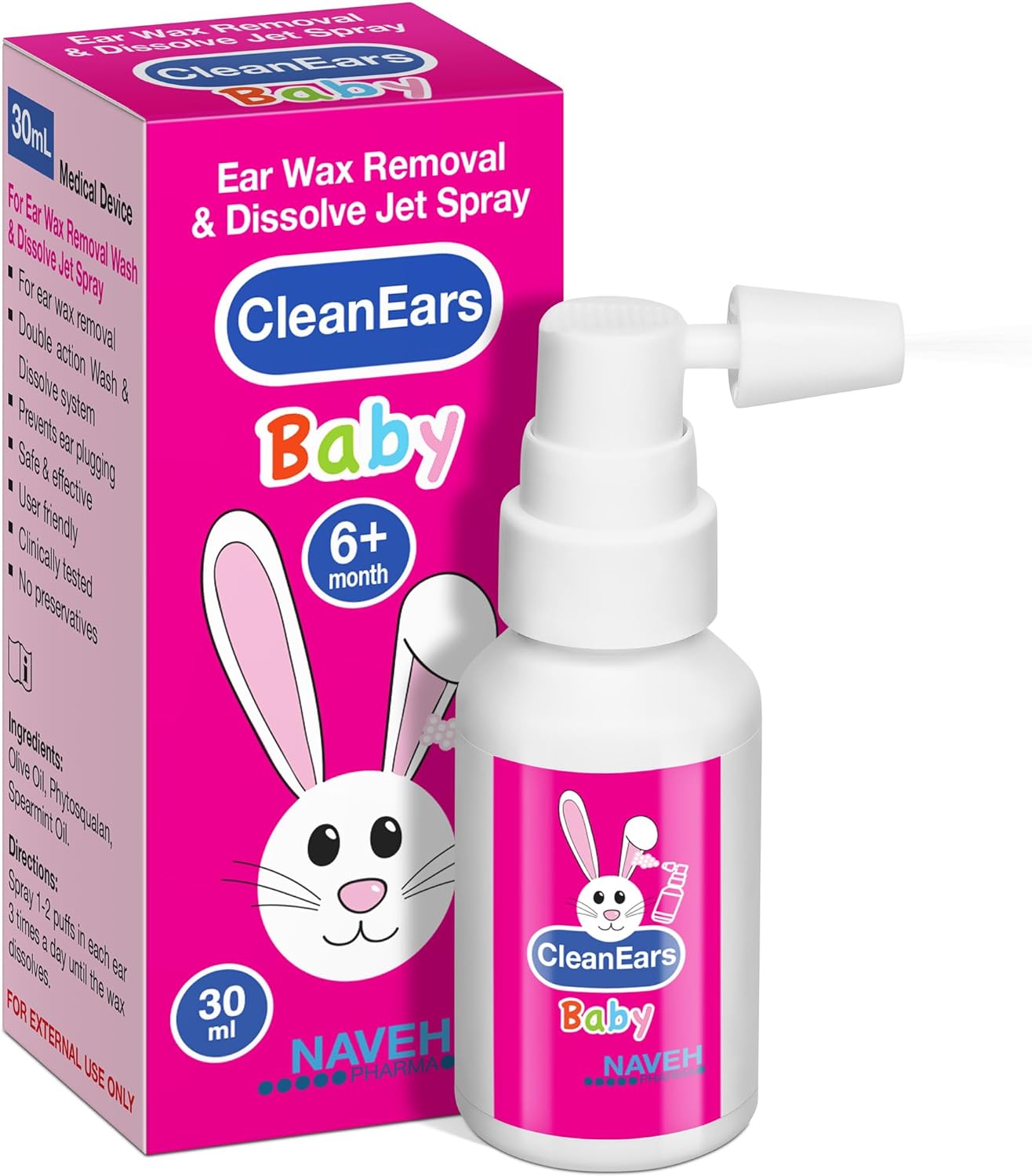 Naveh Pharma Cleanears Baby | Ear Wax Removal Kit Spray Ear Wax Softener Cleaner Ear Irrigation And Wax Dissolution | All-Natural Formula | Nonirritant – For Kids And Adults | 1 Fl Oz