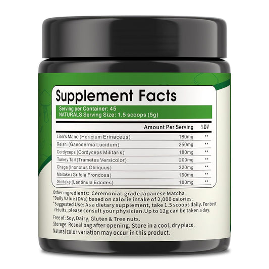 Mushroom Matcha Powder, Japanese Ceremonial Matcha Infused With 7 Superfood Mushrooms, Mct Oil, Coconut Milk Powder, Natural, Gluten Free, Taste Great Matcha Latter 8 Oz(45 Servings)