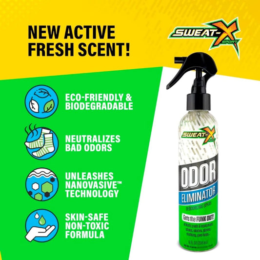 Sweat X Sport Extreme Odor Spray – New Active Fresh Scent – Multipurpose Deodorizer for Stinky Shoes, Clothes, Sports Equipment & All Fabrics – Concentrated Formula, No Washing Required – 8 Fl Oz