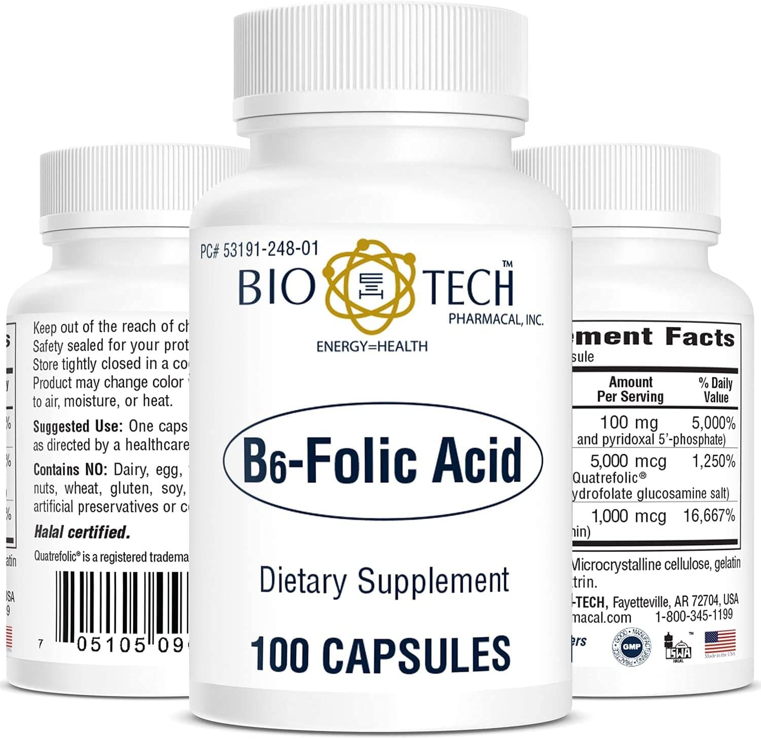 Bio-Tech Pharmacal B6-Folic Acid, 100 Capsules – All-Natural Supplement – Supports Cardiovascular, Bone, & Nervous System Health – No Dairy, Fish, Gluten, Peanut, Shellfish, Halal, & Soy – No