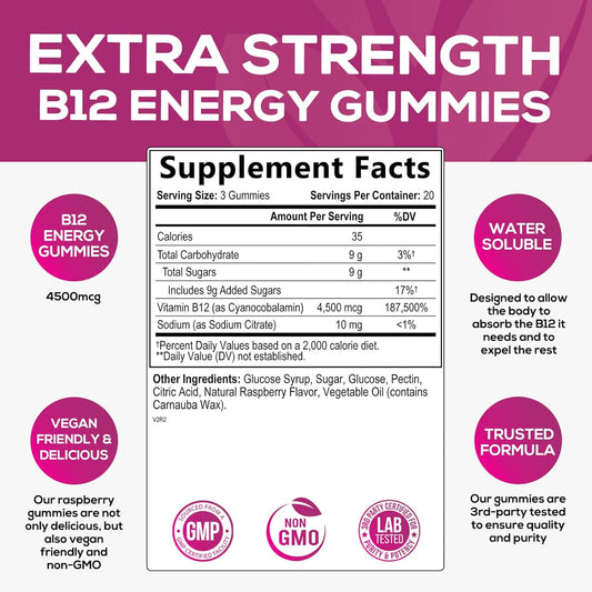 Vitamin B12 Energy Gummies - Extra Strength 4500 mcg Energy Chews for Metabolism & Nervous System Health Support, B-12 Gummy Chewable Supplement for Women & Men - Caffeine Free, Vegan - 60 Gummies