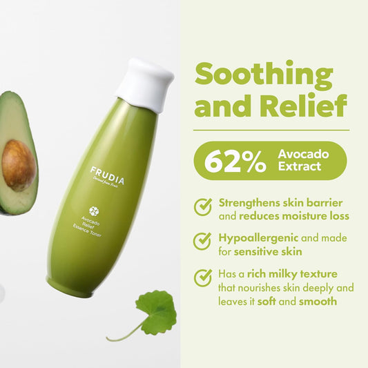 Welcos Frudia Avocado Relief Essence Toner | Calming For Face W/Avocado Extract, Centella Asiatica Extract & Madecassosidex4 | Korean Skin Care Soothing For Sensitive Skin (6.59 Fl Oz)