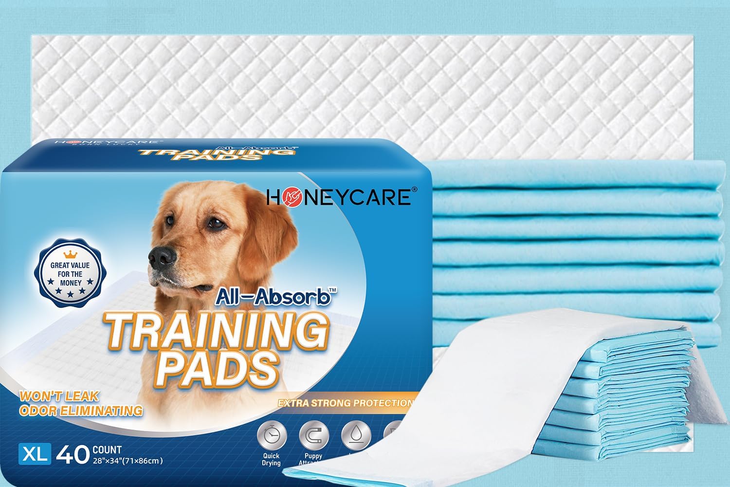 Honey Care All-Absorb, X-Large 28" X 34", 40 Count, Dog And Puppy Training Pads, Ultra Absorbent And Odor Eliminating, Leak-Proof 5-Layer Potty Training Pads With Quick-Dry Surface, Blue