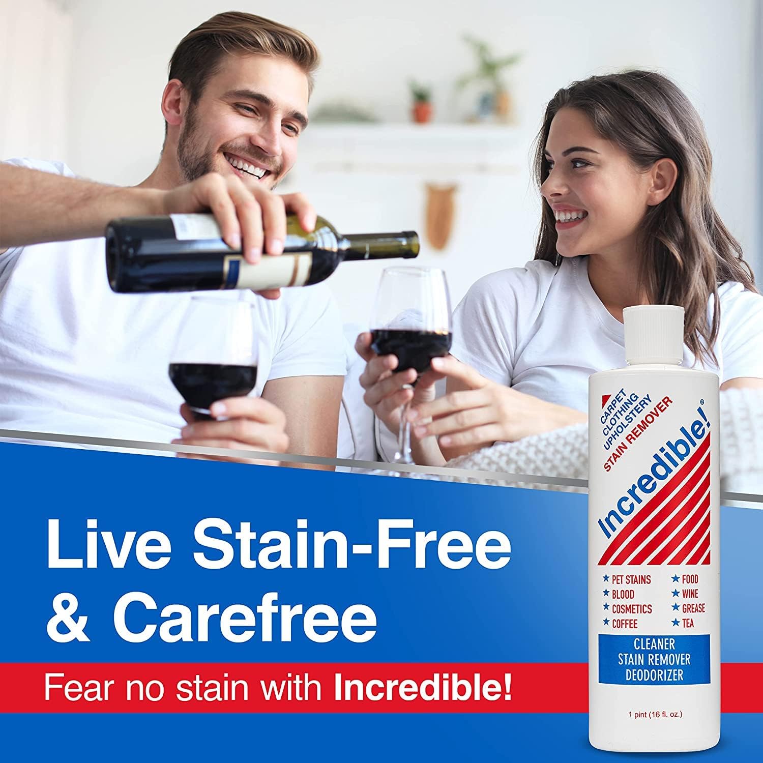Incredible! Stain Remover - Stain Remover for Clothes, Laundry, Carpets, Mattress & Upholstery, Removes Most Household Stains - Pet Stains, Urine, Odors, Red Wine, Grease, Ink & Coffee! 16.oz (2 Pack) : Health & Household