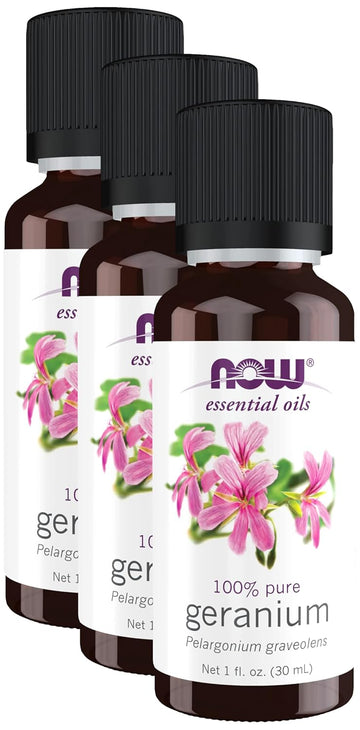 Now Essential Oils, Geranium Oil, Soothing Aromatherapy Scent, Steam Distilled, 100% Pure, Vegan, Child Resistant Cap, 1-Ounce (Pack Of 3)