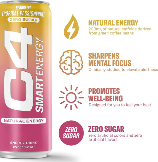 C4 Smart Energy Drink - Sugar Free Performance Fuel & Nootropic Brain Booster, Coffee Substitute Or Alternative | Tropical Passionfruit 12 Oz - 12 Pack