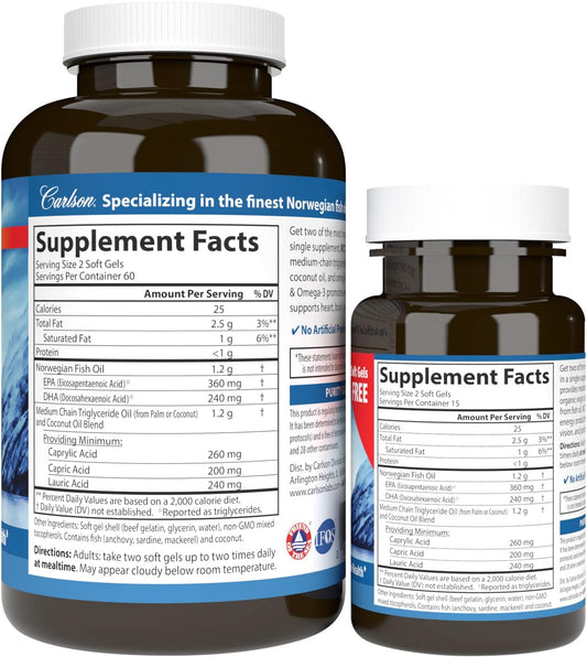 Carlson - Mct & Omega-3, Coconut Oil, Caprylic & Capric Acids, Epa & Dha, Energy Production, Fat Metabolism & Brain Health, 120+30 Softgels
