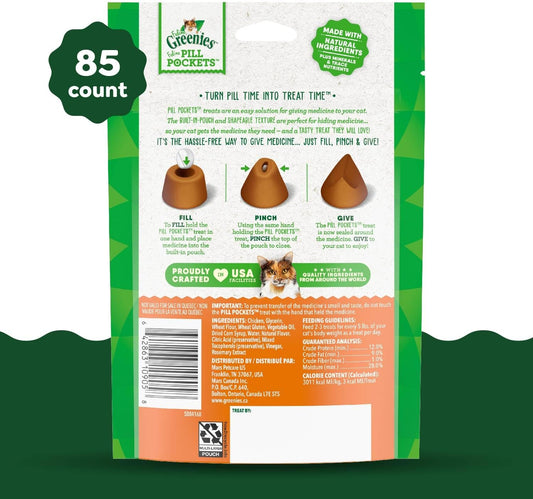 Greenies Feline Pill Pockets For Cats Natural Soft Cat Treats, Chicken Flavor, 3 Oz. Pack (85 Treats)