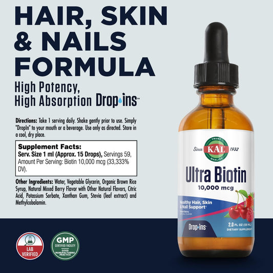 Kal Ultra Biotin 10000Mcg Dropins, Liquid Biotin Drops, Hair Growth Supplement, High Potency Vitamin B7, Healthy Hair, Skin, Nails And Energy Support, Natural Mixed Berry Flavor, Approx. 59 Serv, 2Oz