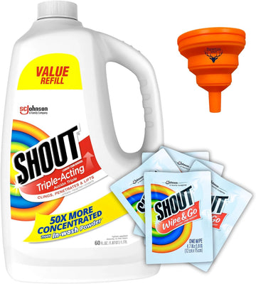 Shout Stain Remover Refill and Wipes, Triple-Acting Spot Treatment 60 Fluid Ounce Refill, 5 Shout Wipe and Go, Bundle with Dauntless Merch Easy Fill Funnel (color may vary)