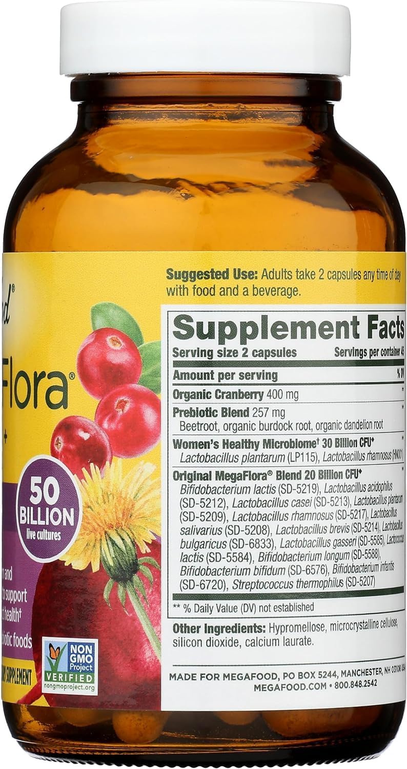 MegaFood MegaFlora Probiotics for Women + Prebiotics - Probiotic with 14 Strains & 50 Billion CFUs - with Cranberry - Vegan & Non-GMO - Made Without 9 Food Allergens - 90 Caps (45 Servings) : Health & Household