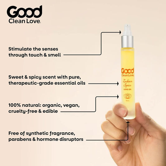 Good Clean Love Indian Spice Love Oil, 100% Natural Massage & Intimate Body Oil, Made With Pure Essential Oils, Exotic Sweet & Spicy Scent, Aphrodisiac Fragrances, Pump Spray, 10Ml