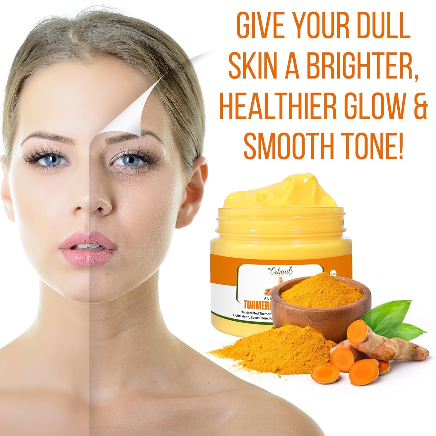 Erbaid Turmeric Face Cream For Face & Body - All Natural Turmeric Skin Brightening Lotion - Turmeric Cleanses Skin, Fights Acne, Evens Tone, Fades Scars, Sun Damage Made In The Usa 2 Oz : Beauty & Personal Care