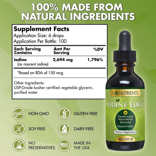 Go Nutrients Iodine Edge Organic Nascent Supplement Advanced Iodine Drops for Thyroid Support Boosted Energy Cognitive Function & Immunity AST Absorbing Liquid Formula GMO-Free 1.0 oz. | 100 Servings