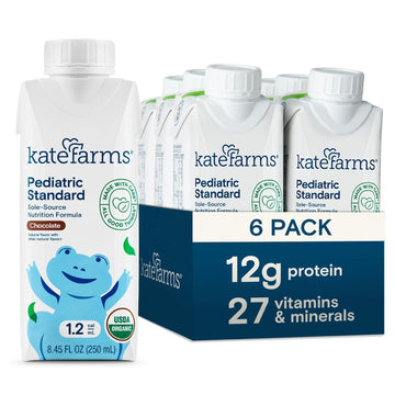 Kate Farms Organic Pediatric 1.2 High Calorie Nutrition Shake, Chocolate, 12G Protein, 27 Vitamins And Minerals, Meal Replacement, 8.45 Oz (6 Pack)