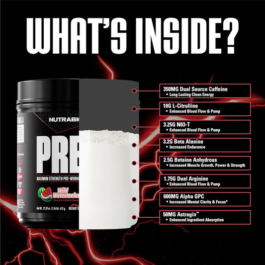 Nutrabio Pre Workout Powder - New Formula- Sustained Energy, Mental Focus, Endurance - Beta Alanine, Caffeine, Electrolytes - 20 Servings - Wild Watermelon