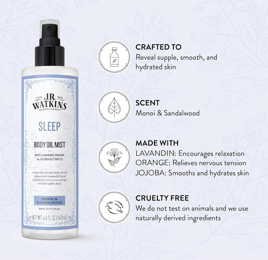 J.R. Watkins Sleep Body Oil Mist, Hydrates Skin And Encourages Restful Sleep, Natural Monoi & Sandalwood, 4.8 Oz