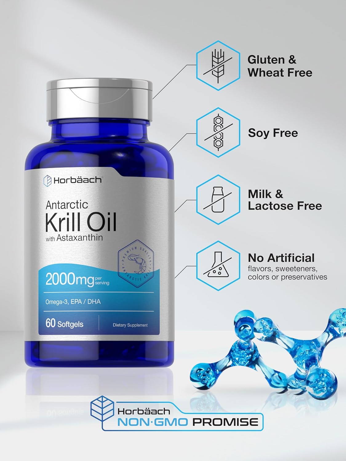 Horbäach Antarctic Krill Oil 2000mg | 60 Softgel Capsules | Omega-3, EPA, DHA Supplement | with Astaxanthin | Non-GMO, Gluten Free : Health & Household