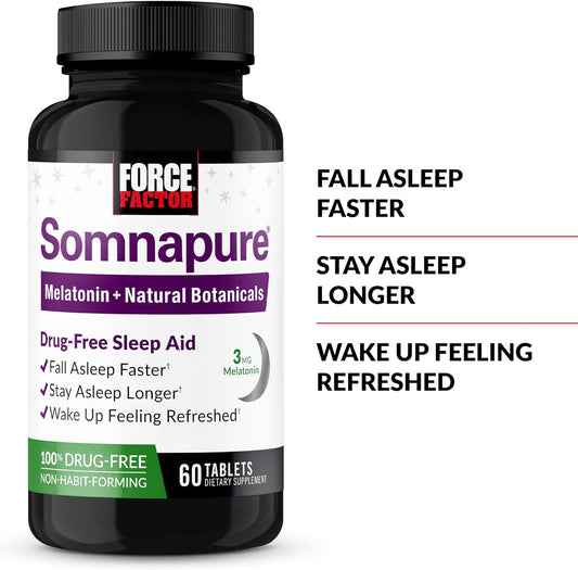 Force Factor Somnapure Drug-No Sleep Aid for Adults with Melatonin, Valerian Root, & Lemon Balm, Non-Habit-Forming Sleeping Pills, Fall Asleep Calm at Night, Wake Up Refreshed, 120 Tablets (2-Pack)