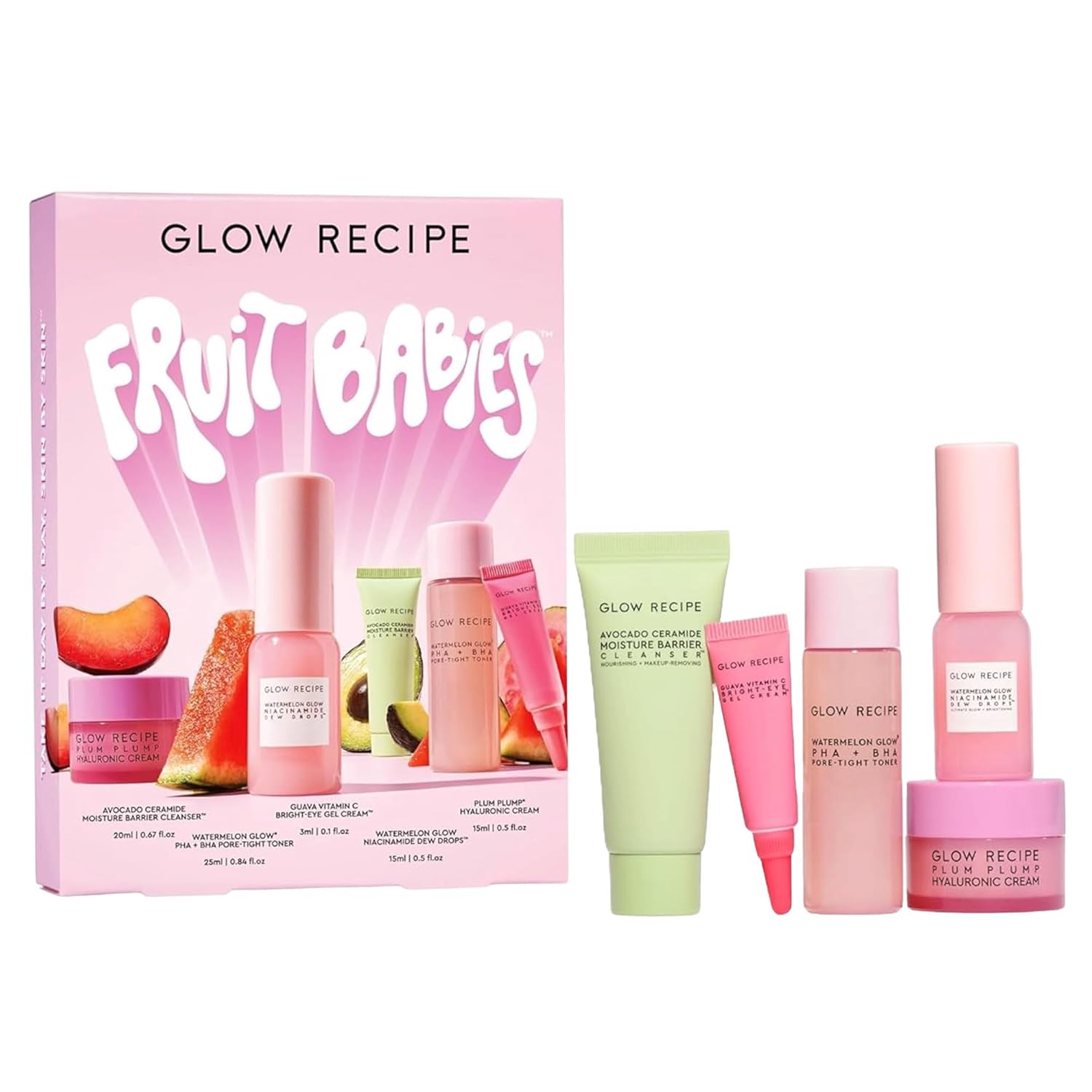 Glow Recipe Fruit Babies Skincare Kit - Gift Set With Ceramide Facial Cleanser + Bha Toner + Vitamin C Eye Cream + Hyaluronic Acid Cream + Niacinamide Dew Drops (5 Count)