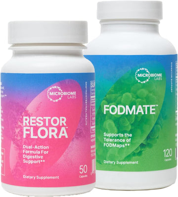 Microbiome Labs Restorflora Probiotic Supplement, Saccharomyces & Spore-Based Probiotics (50 Capsules) + Fodmate Digestive Enzymes To Help Break Down Fodmaps (120 Capsules) - 2 Product Bundle