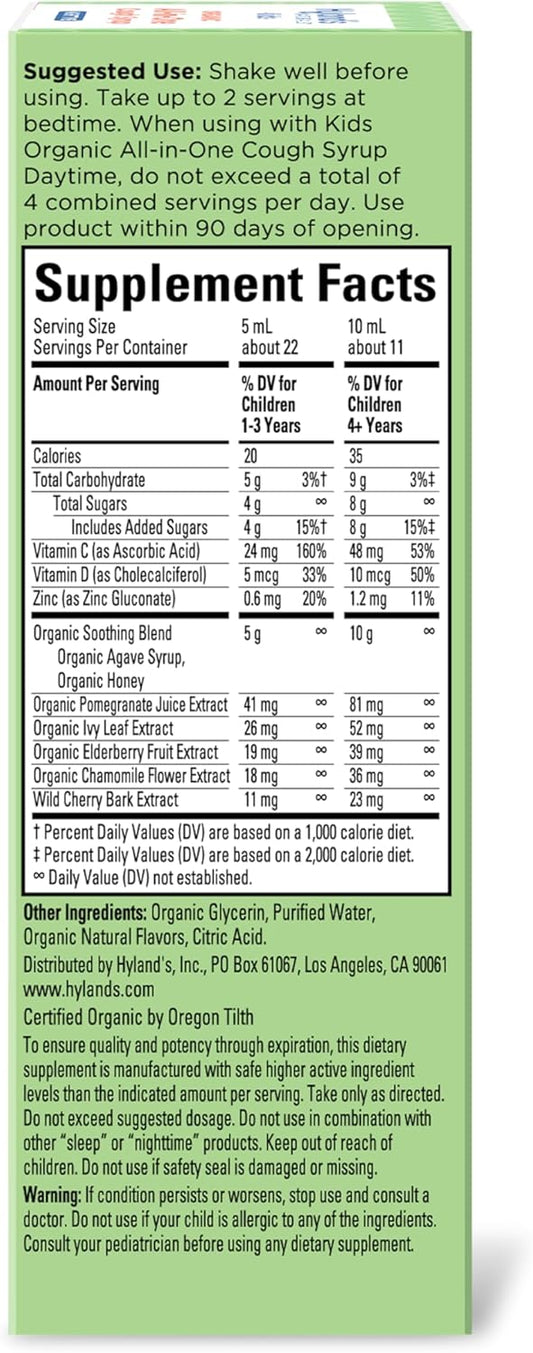 Hyland'S Kids Organic All-In-One Cough Syrup Nighttime - Eases Cough & Mucus Symptoms, Promotes Sleep, Organic Grape, 4 Fl. Oz