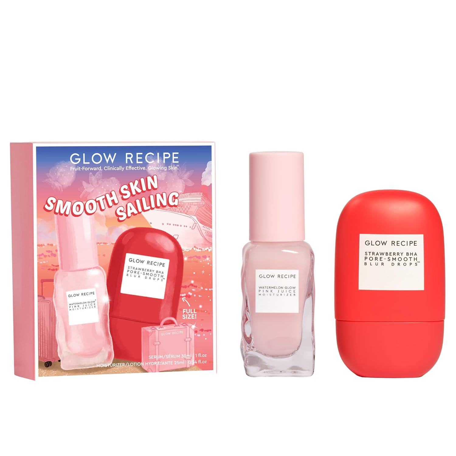 Glow Recipe Smooth Skin Sailing Skincare Set - Watermelon Glow Pink Juice Facial Moisturizer (25Ml) + Silicone-Free Bha Strawberry Pore Minimizer Blurring Drops (30Ml)