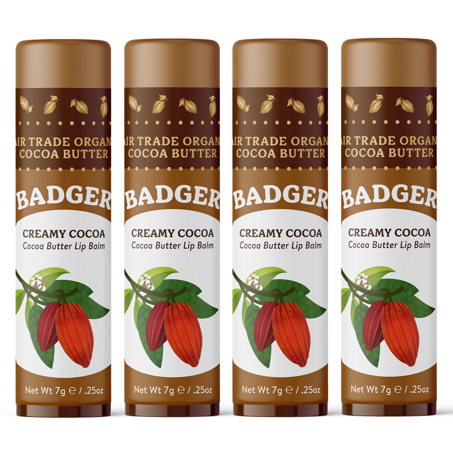 Badger Cocoa Butter Lip Balm, Creamy Cocoa, Certified Organic Lip Balm, Fair Trade, Lip Butter, Lip Balm Cocoa Butter, Care Lip Balm, 0.25 Oz (4 Pack)