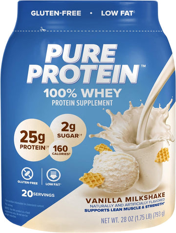 Pure Protein Powder, Whey, High Protein, Low Sugar, Gluten Free, Vanilla Cream, 1.75 Lbs