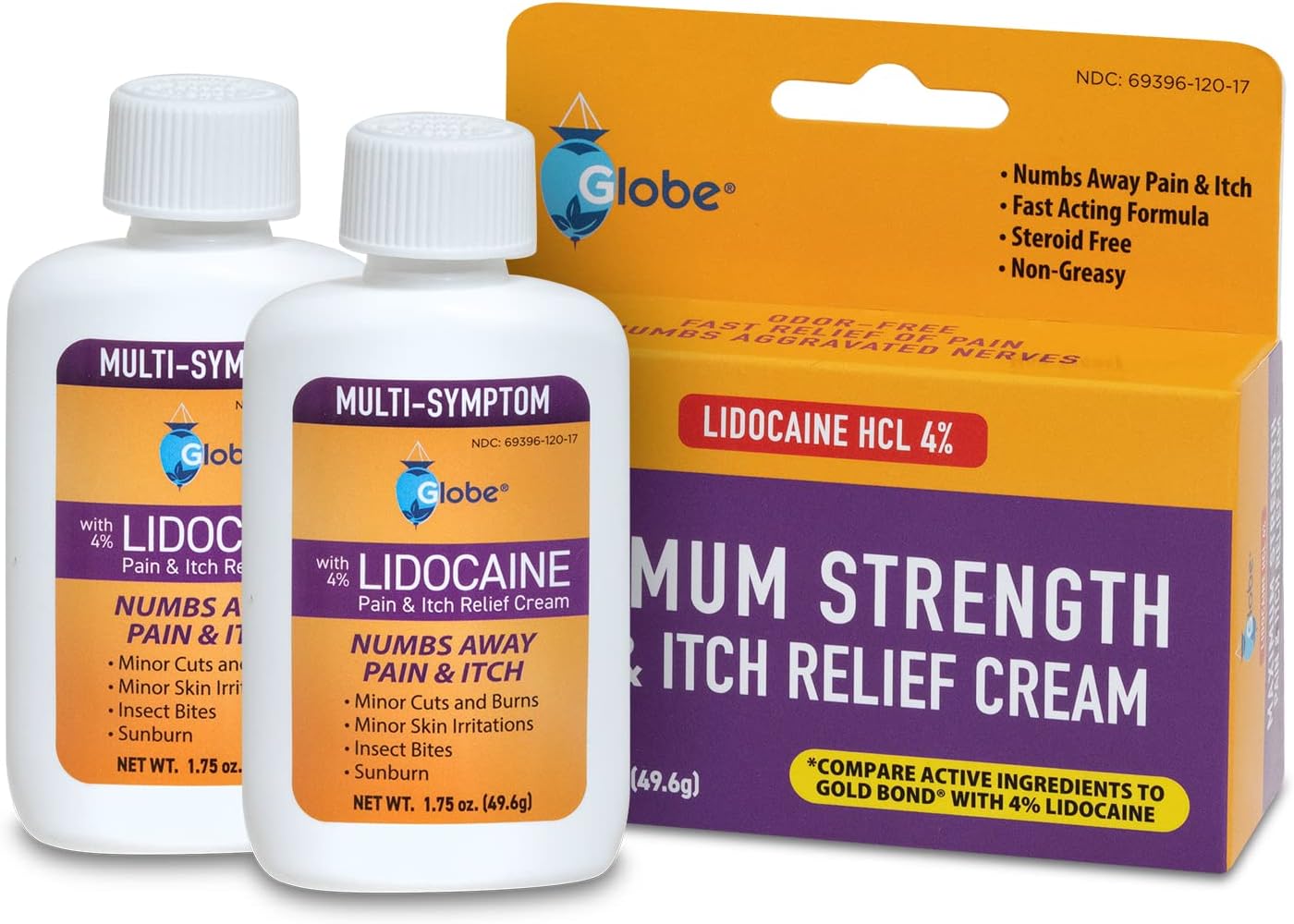 Globe (2 Pack) Lidocaine 4% Multi-Symptom Relief Cream 1.75 oz, Numbs Away Pain & Itch, Steroid Free Non-Greasy Formula (Compare to Gold Bond w/Lidocaine)