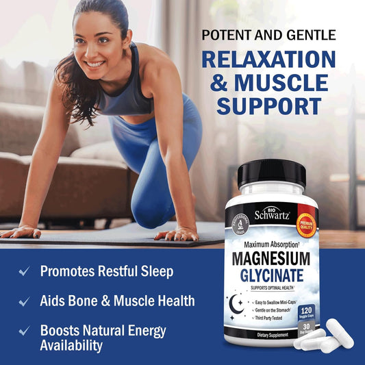 Magnesium Glycinate 500mg Capsules (120 Mini Caps) Maximum Absorption Magnesium Supplement for Nerves Muscles Heart Mood and Sleep Support (Vegan Safe with No Gluten, Soy or GMOs) by BioSchwartz