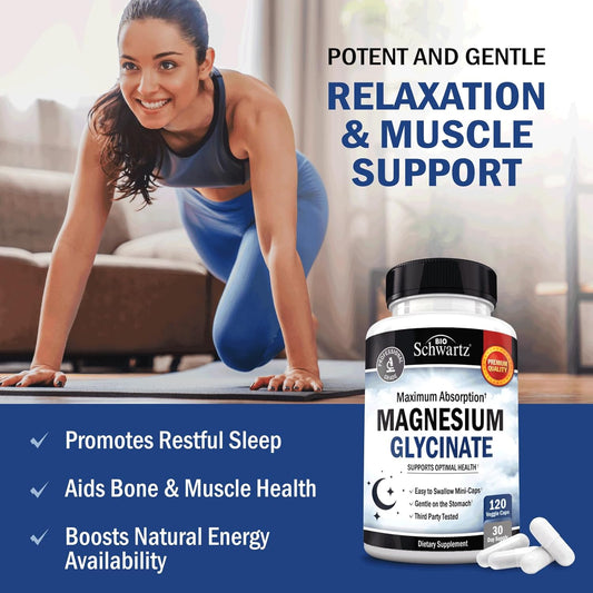 Magnesium Glycinate 500Mg Capsules (120 Mini Caps) Maximum Absorption Magnesium Supplement For Nerves Muscles Heart Mood And Sleep Support (Vegan Safe With No Gluten, Soy Or Gmos) By Bioschwartz