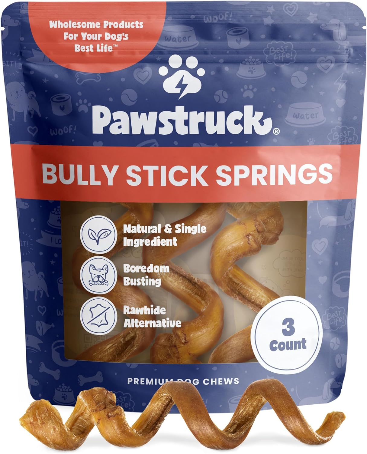 Pawstruck All-Natural 6" Bully Stick Springs for Dogs - Fun Challenging Rawhide Free 100% Beef Single Ingredient Chew Treat Bones - Fully Digestible Low Odor - 3 Pack - Packaging May Vary