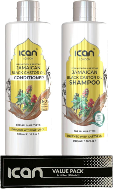 Ican London Jamaican Castor Oil Anti-Dandruff & Itch Relief Formula Shampoo & Sulfate Free Conditioner 500Ml X 2