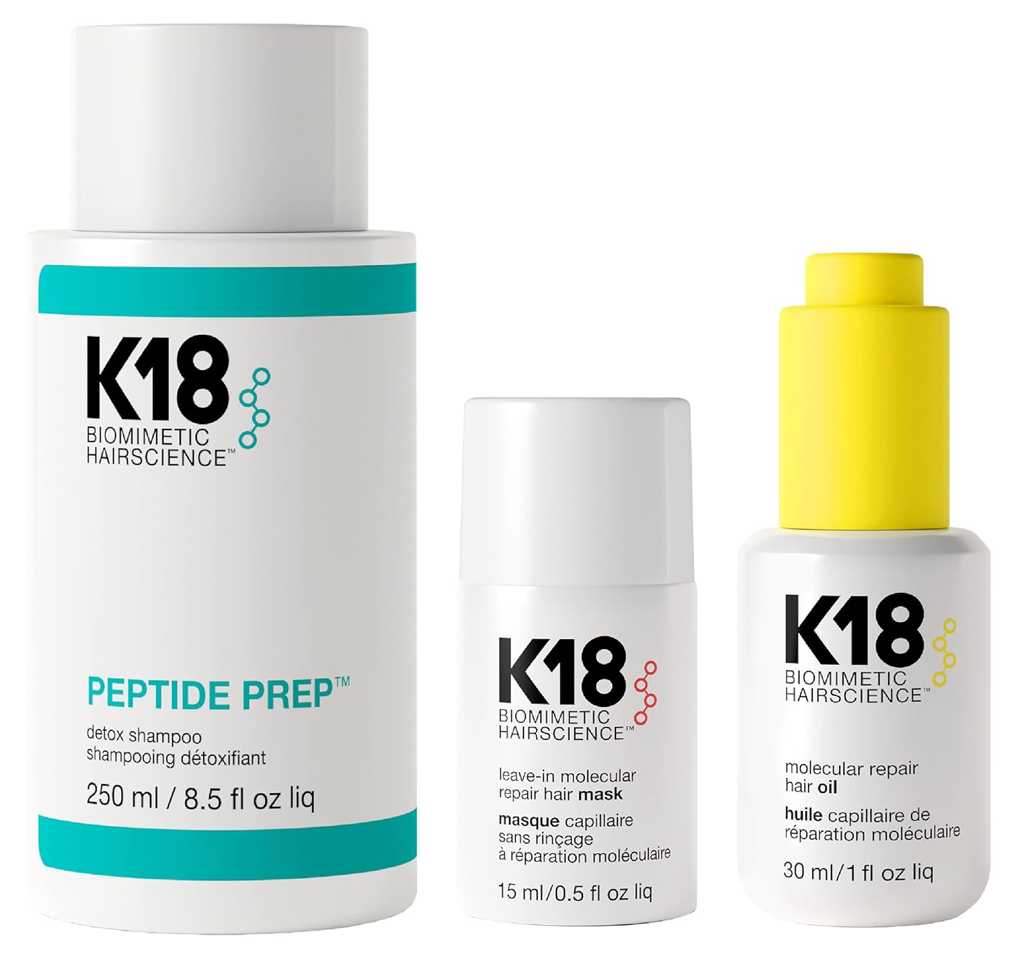 K18 Detox & Repair Bundle - Leave-In Repair Hair Mask, 4-Minute Speed Treatment(15Ml), Color Safe Detox Clarifying Shampoo (8.5Oz) To Remove Build Up, And Weightless Hair Strengthening Oil (30Ml)