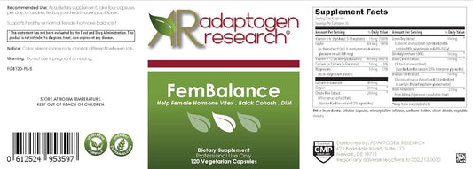 Fembalance | Help Female Hormone Vitex + Black Cohosh + Dim + Green Tea + Vitamins B6 & Folate & B12 | 120 Vegetarian Capsules | Adaptogen Research