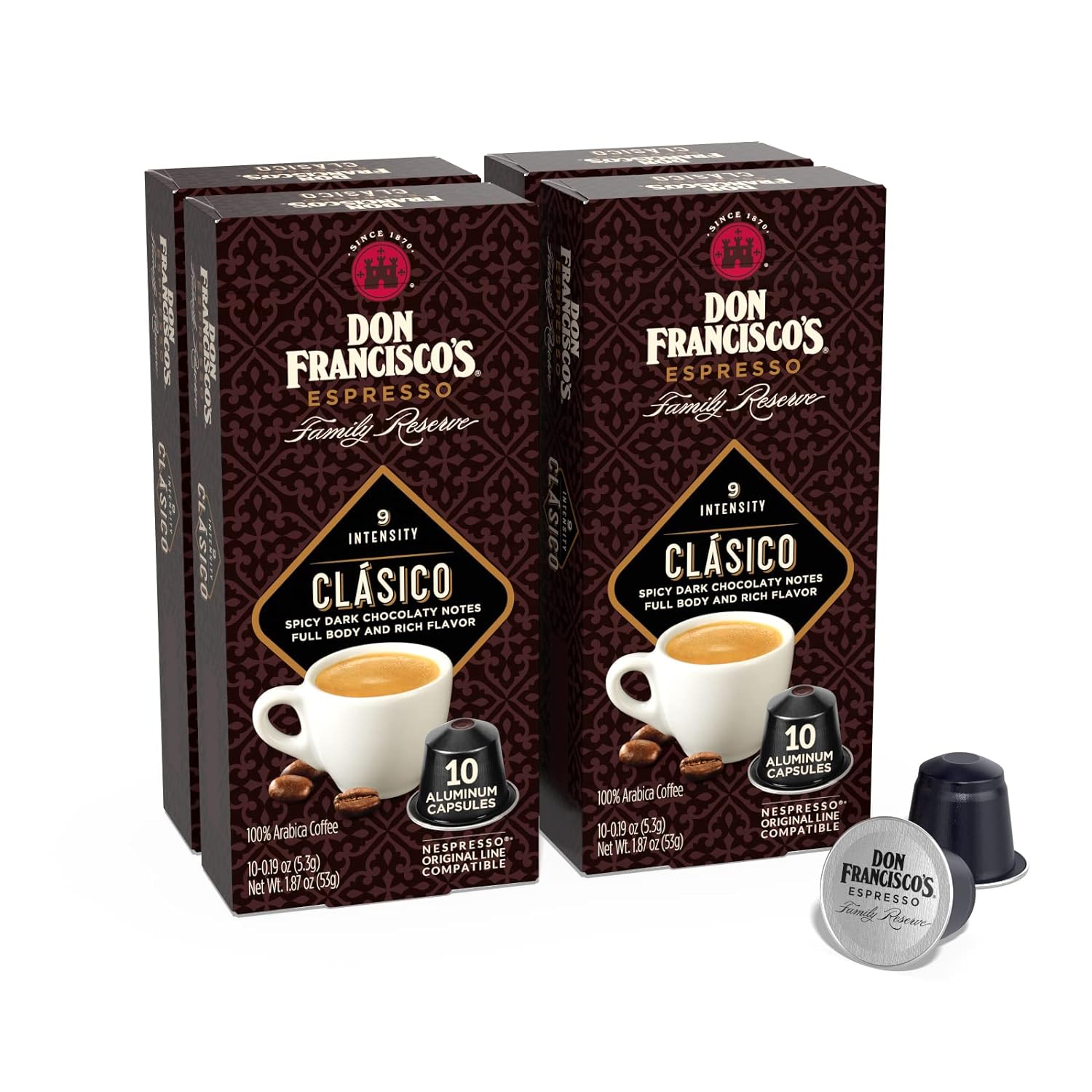 Don Francisco’s Clasico Espresso Capsules, 40-Count Aluminum Recyclable Pods, Intensity 9, Compatible with Original Nespresso Machines