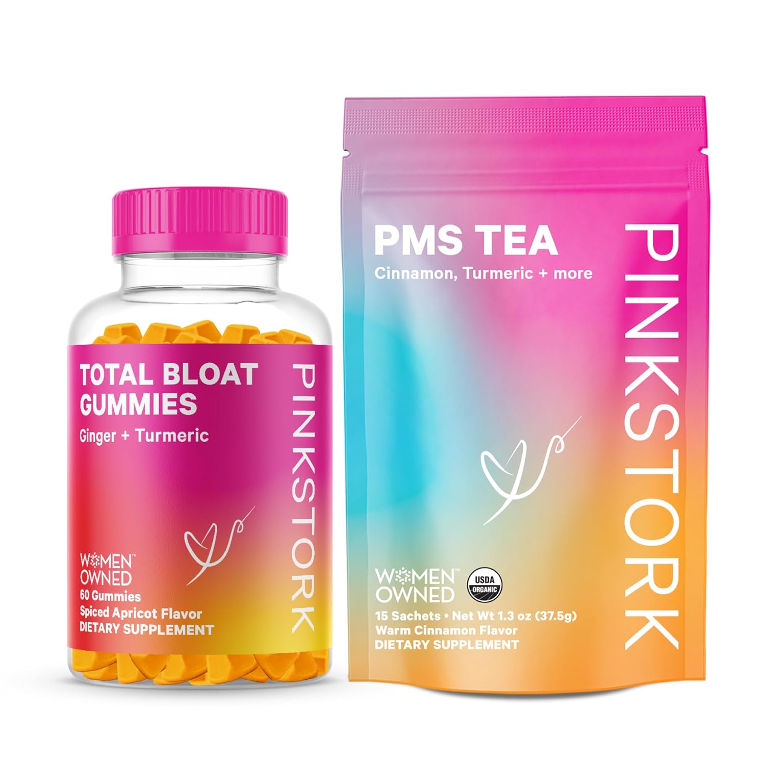 Pink Stork PMS Tea + Gummies for Hormone Balance, and Bloating, Period Support - Organic Cinnamon Tea with Vitex and Turmeric Bloat Supplements for Women and Teens, Set of 2