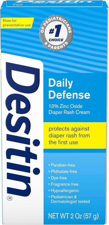 Desitin Daily Defense Baby Diaper Rash Cream With 13% Zinc Oxide Barrier Cream To Treat, Relieve & Prevent Diaper Rash, Hypoallergenic, Dye-, Phthalate- & Paraben-Free, Travel Size, 2 Oz