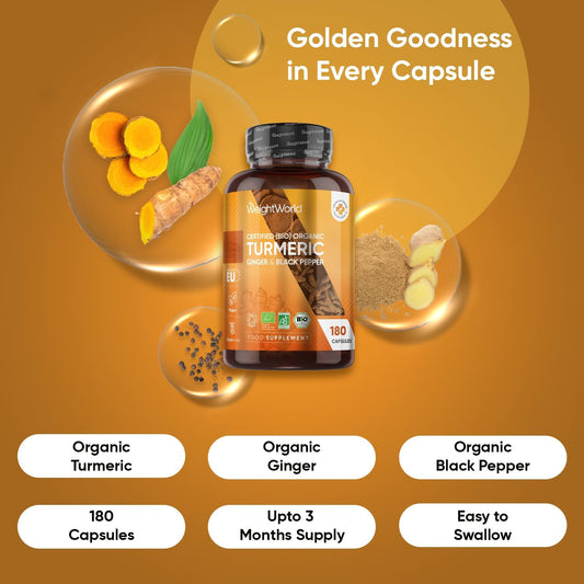 Organic Turmeric Capsules - 180 Capsules - With Organic Ginger & Black Pepper - Turmeric Supplement For Both Men & Women - Easy To Swallow - Vegan & Gluten-Free - Made In Eu