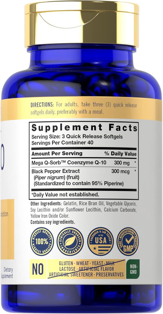 Carlyle Coq10 300Mg | 120 Softgels | Mega Q-Sorb Coenzyme Q-10 | With Black Pepper Extract | Non-Gmo, Gluten Free Supplement