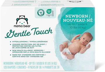 Amazon Brand - Mama Bear Gentle Touch Diapers, Hypoallergenic, Newborn, 120 Count (4 Pack Of 30), White