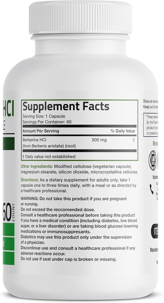 Bronson Berberine As Berberine Hci Berberis Aristata 500Mg Per Vegetarian Capsule Non-Gmo, 60 Vegetarian Capsules