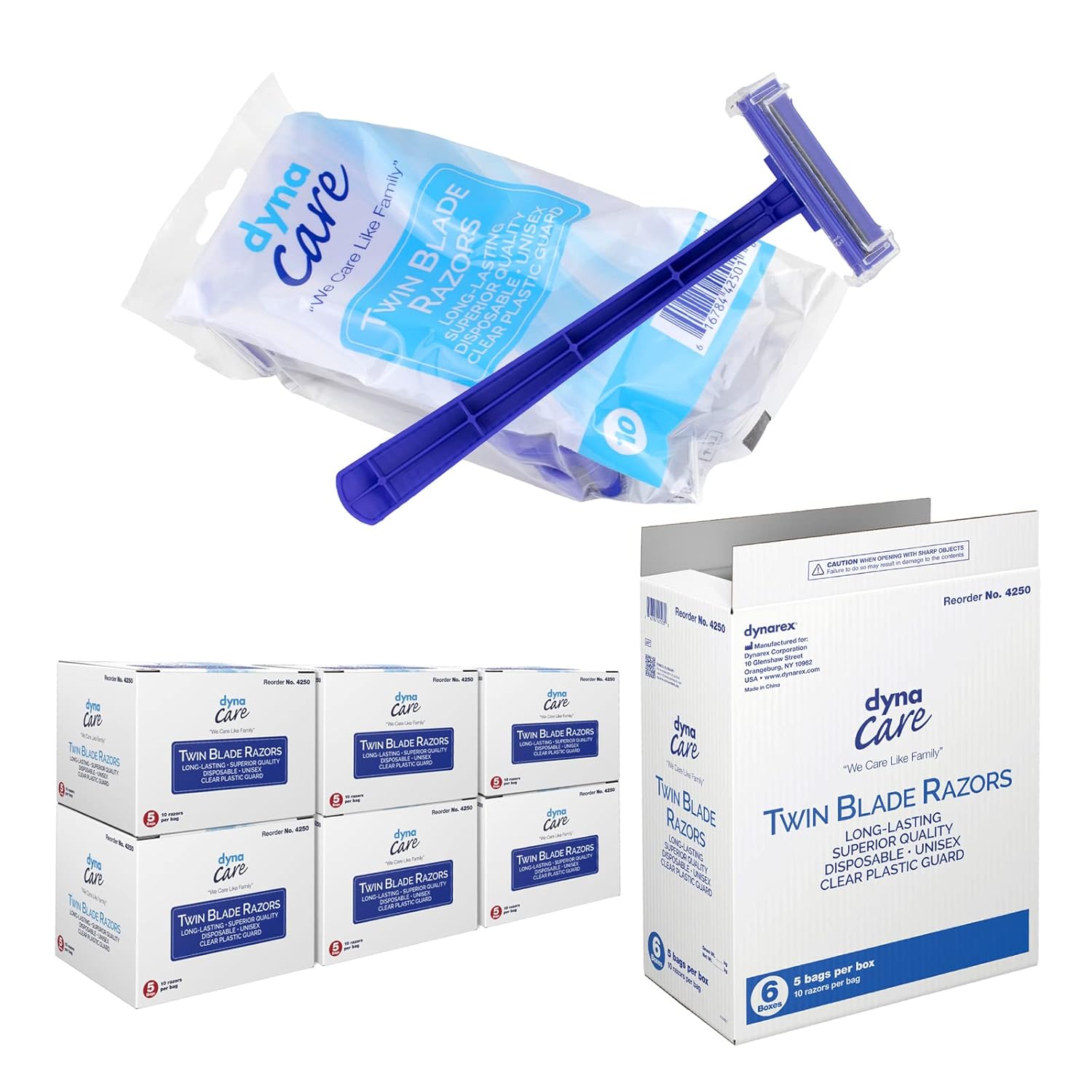 Dynarex Dynacare Twin Blade Razors, Disposable Unisex Razor With Two Blades Provides Smooth, Close Shave, For Prior To Procedures Or Tattoos, Blue, 6 Boxes - 50 Razors Per Box