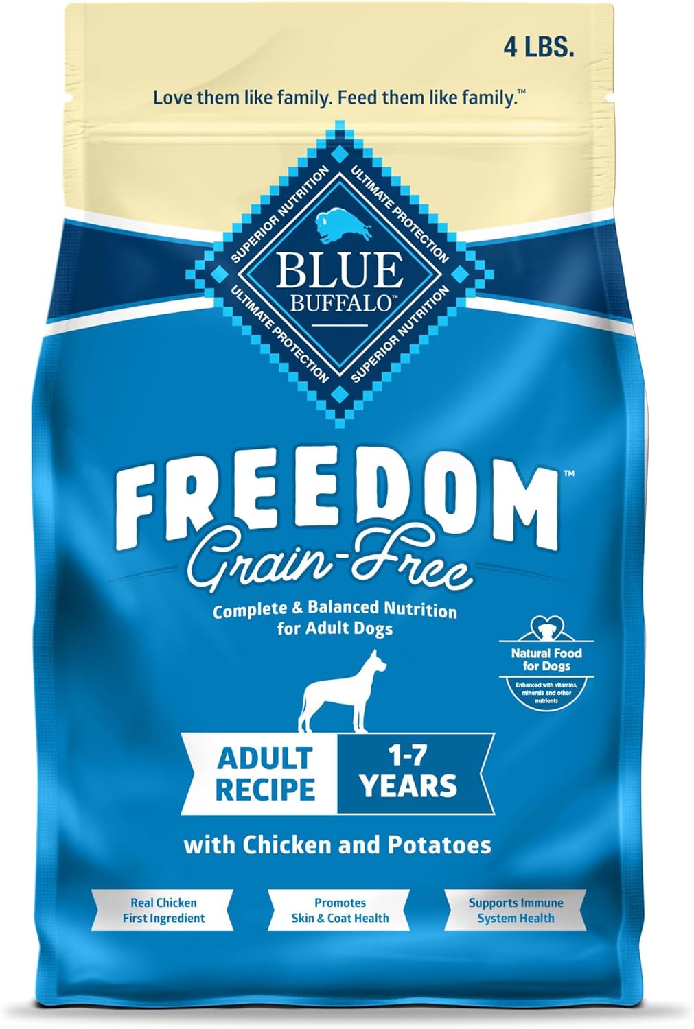 Blue Buffalo Freedom Grain-Free Dry Dog Food, Complete & Balanced Nutrition For Adult Dogs, Made In The Usa With Natural Ingredients, Chicken & Potatoes, 4-Lb. Bag